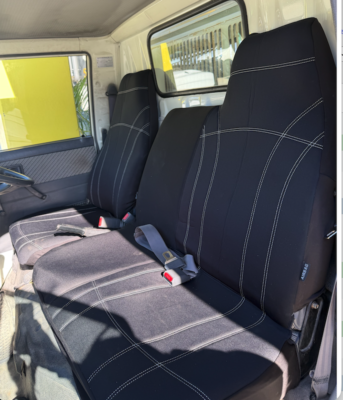 Daihatsu Delta Neoprene seat covers Neoprene seat covers fitted to a Daihatsu Delta