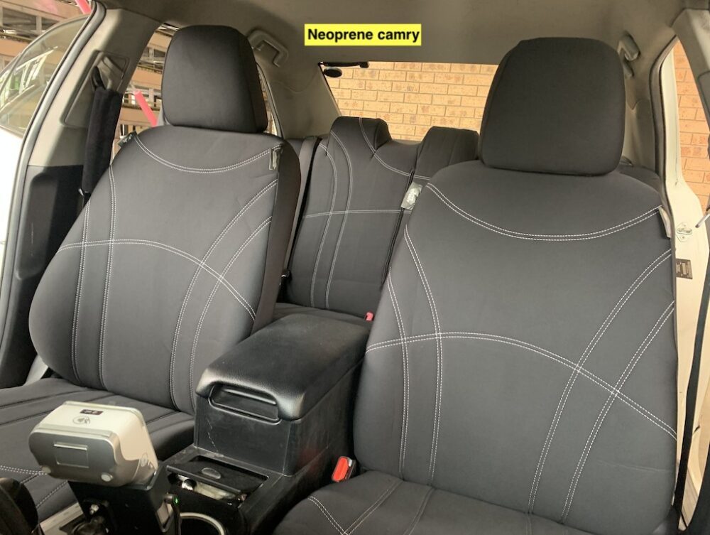Neoprene seat covers fitted to a Toyota Camry