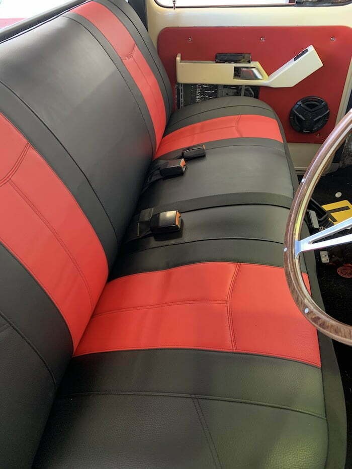 Seat covers fitted to a Holden Kingswood