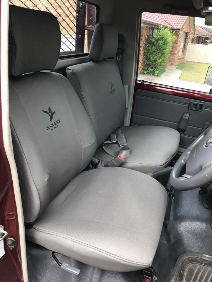 Toyota Landcruiser Troop Carrier Black Duck Canvas seat covers Black Duck Canvas seat covers fitted to a Toyota Landcruiser Troop Carrier