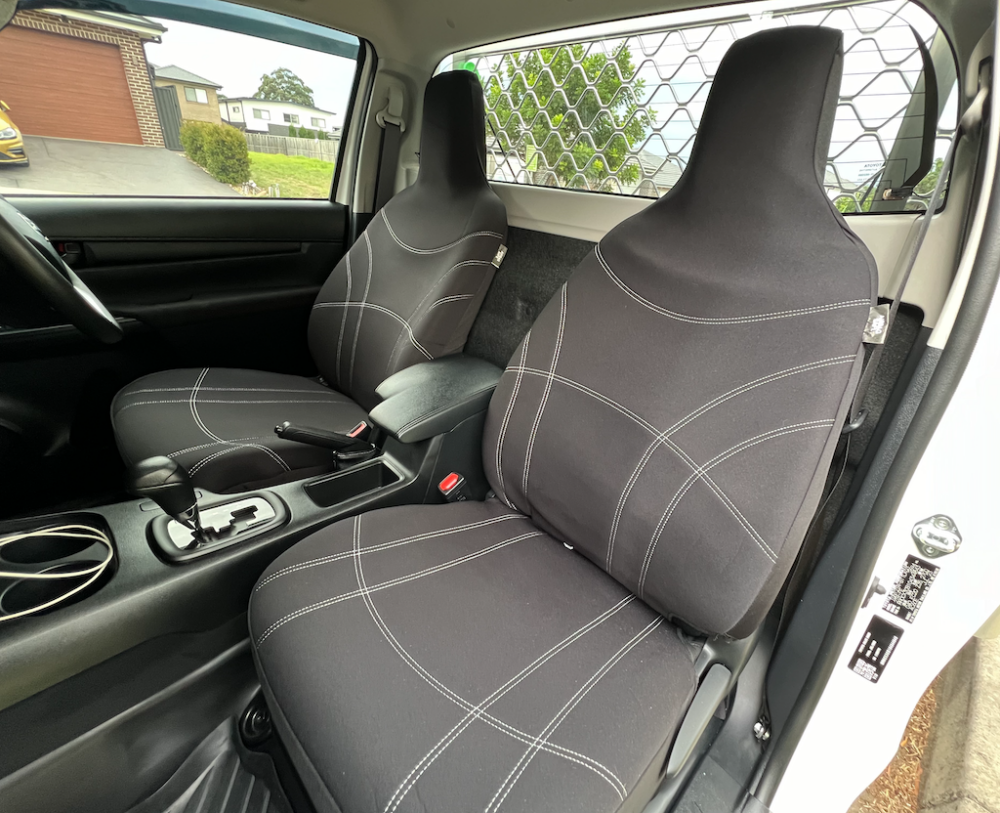Neoprene seat covers fitted to a Toyota Hilux