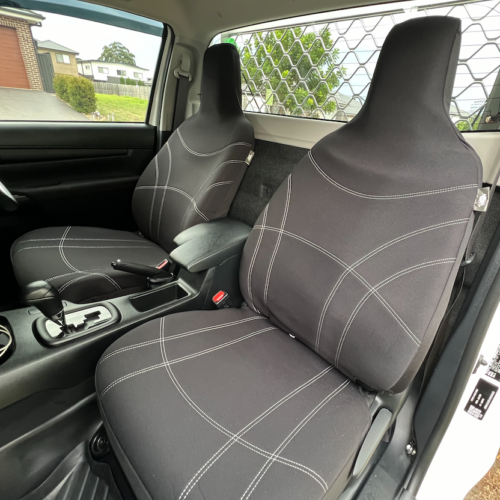 Neoprene seat covers fitted to a Toyota Hilux