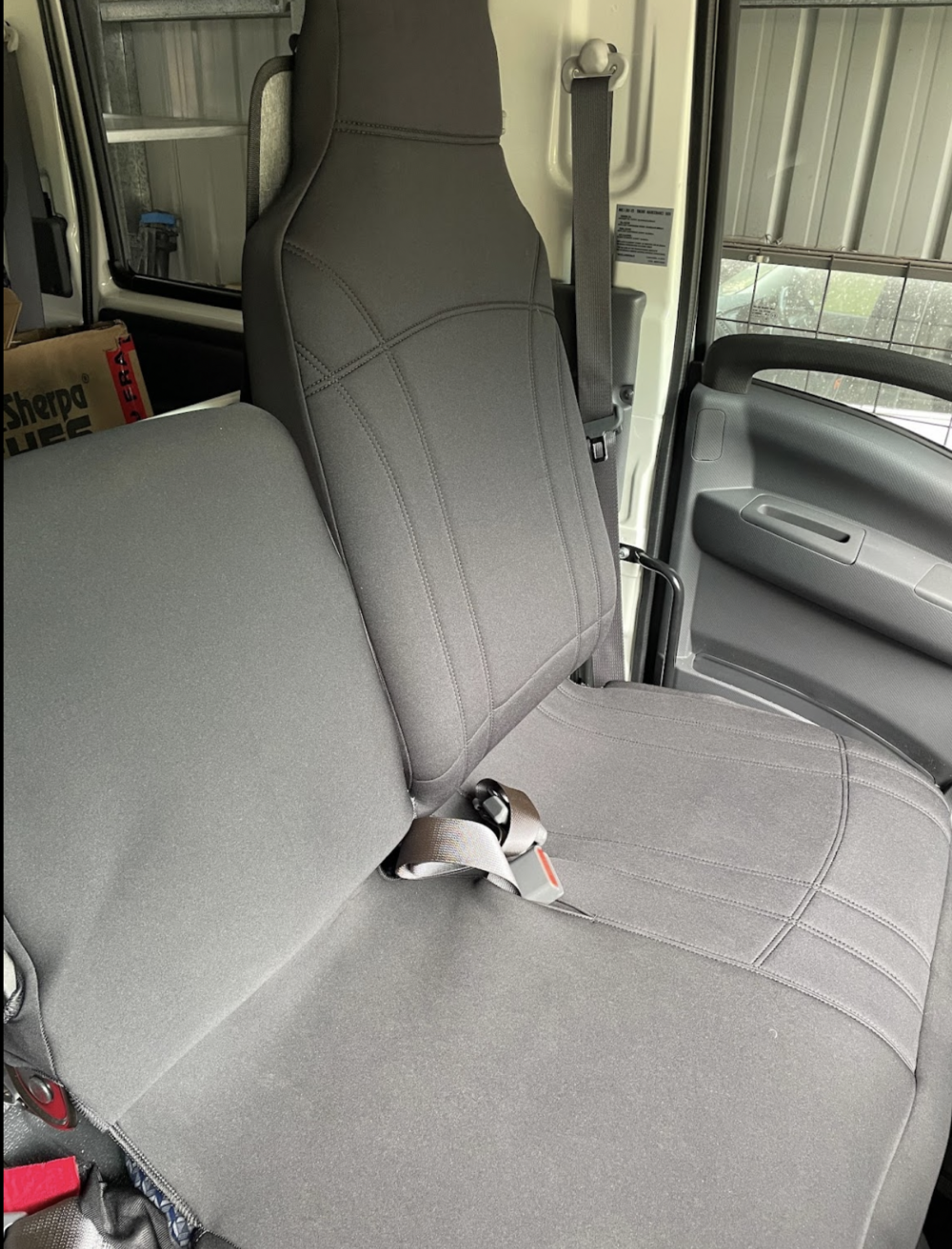 Mitsubishi Fuso Canter Neoprene seat covers Neoprene seat covers fitted to a Mitsubishi Fuso Canter