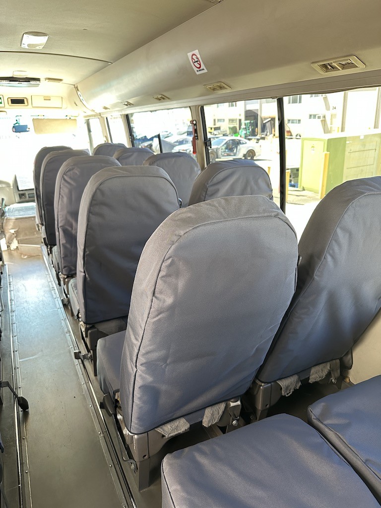 Mitsubishi Fuso Rosa Bus seat covers Seat covers fitted to a Mitsubishi Fuso Rosa Bus
