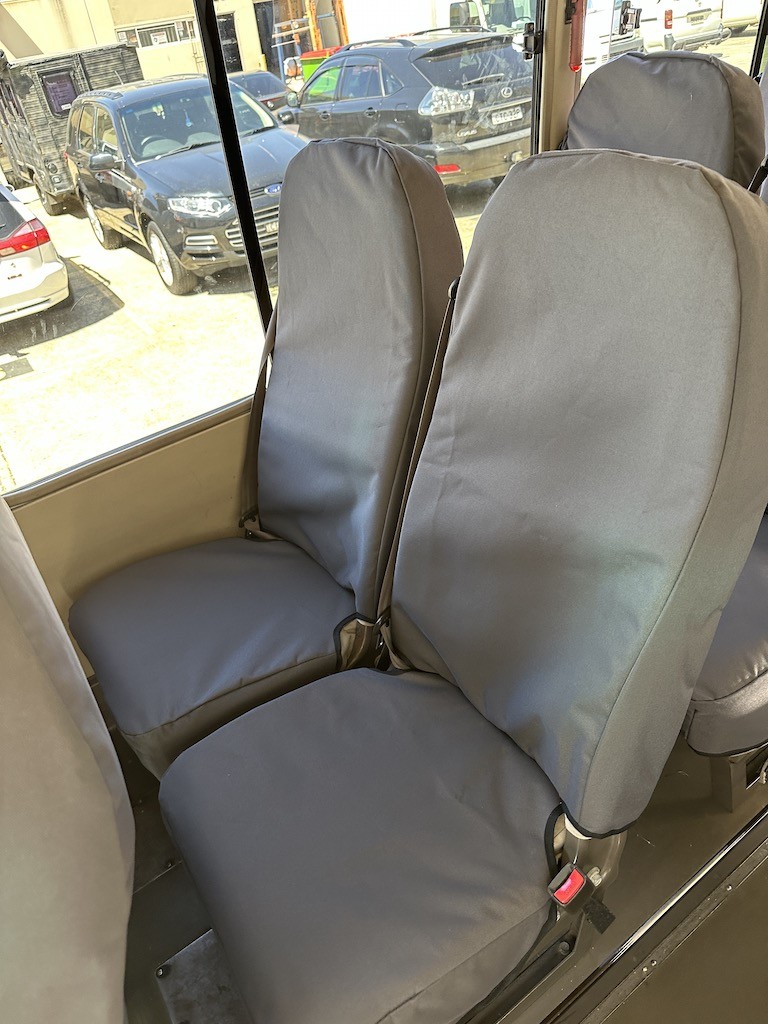 Mitsubishi Fuso Rosa Bus seat covers Seat covers fitted to a Mitsubishi Fuso Rosa Bus