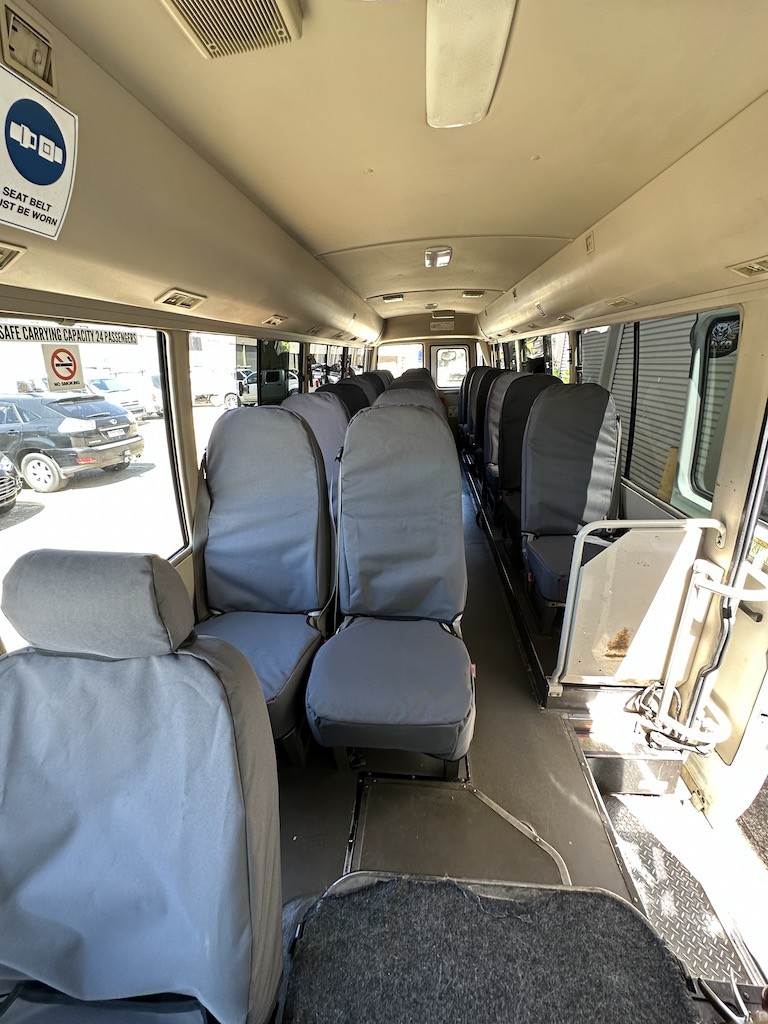 Mitsubishi Fuso Rosa Bus seat covers Seat covers fitted to a Mitsubishi Fuso Rosa Bus