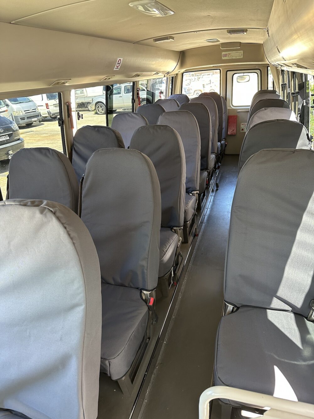 Mitsubishi Fuso Rosa Bus seat covers Seat covers fitted to a Mitsubishi Fuso Rosa Bus