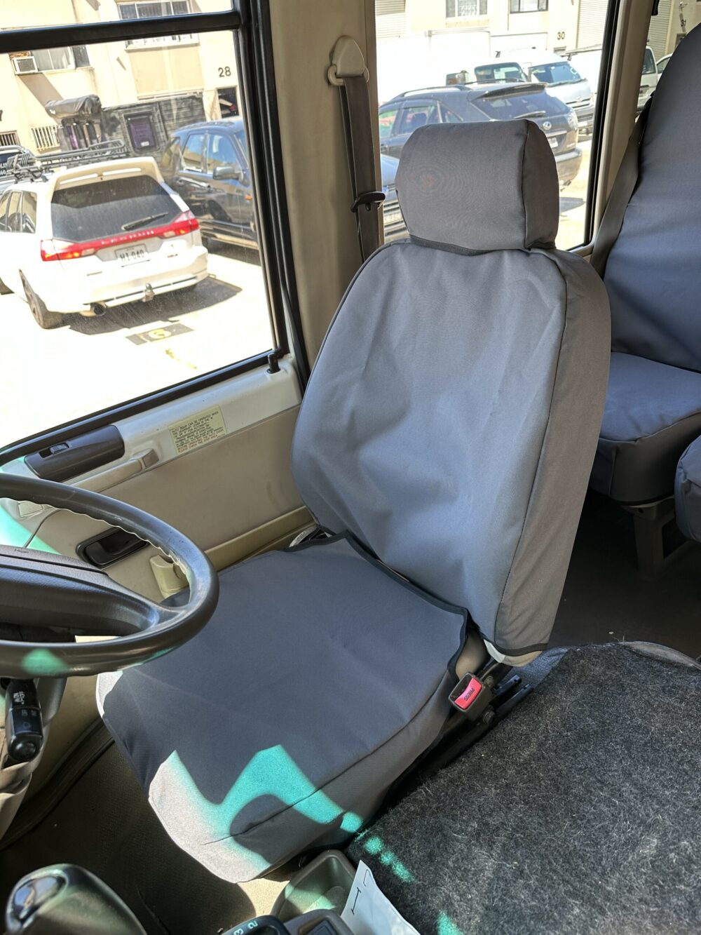 Mitsubishi Fuso Rosa Bus seat covers Seat covers fitted to a Mitsubishi Fuso Rosa Bus