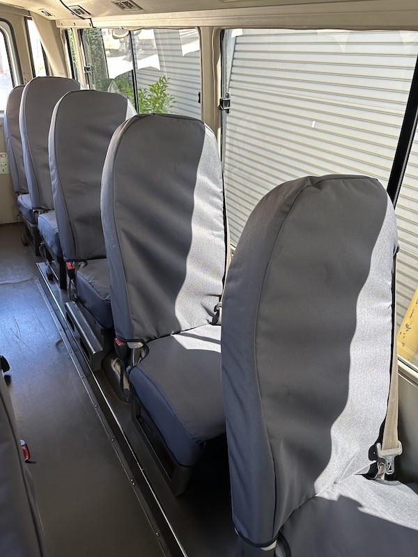 Mitsubishi Fuso Rosa Bus seat covers Seat covers fitted to a Mitsubishi Fuso Rosa Bus